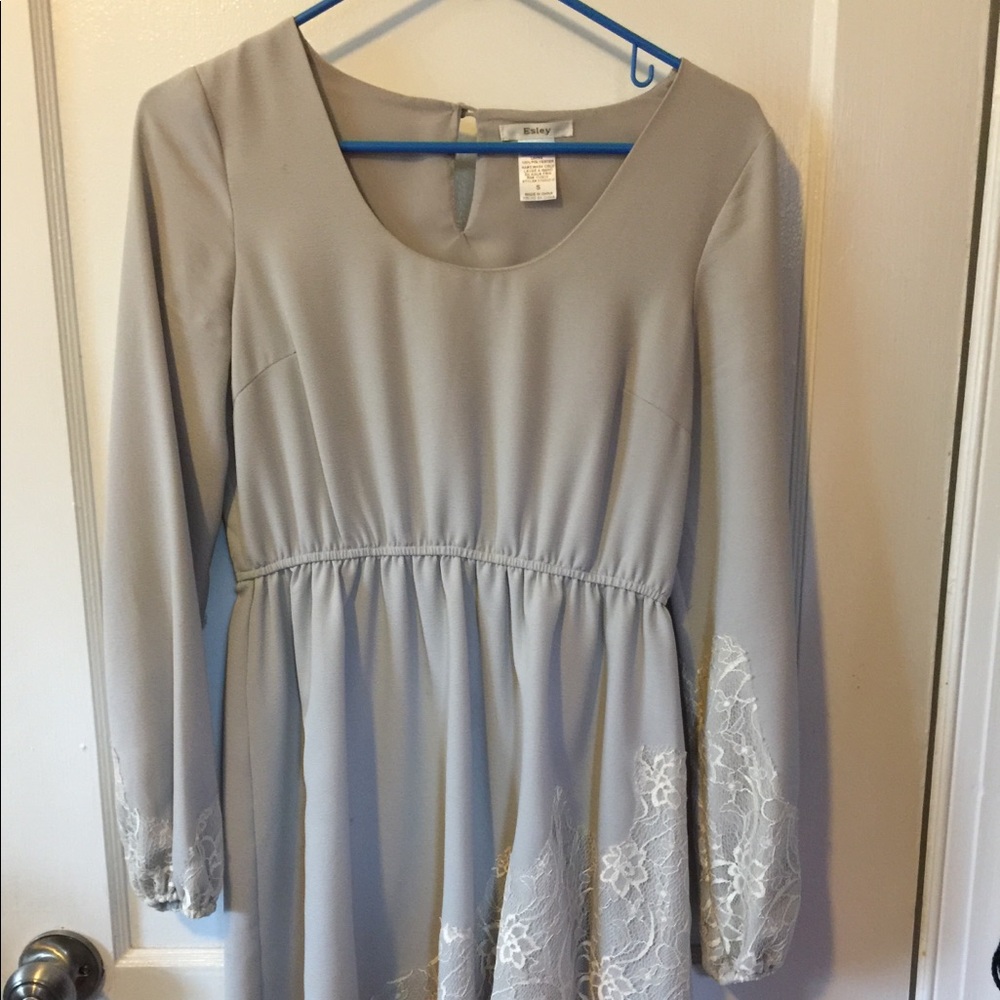 Grey long sleeve mini dress with lace detail